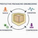 Diagram illustrating protective packaging engineering controlling shock, vibration, compression, and environmental exposure through design and testing