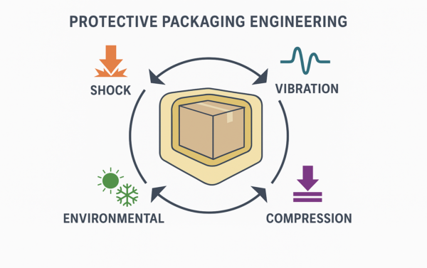 Diagram illustrating protective packaging engineering controlling shock, vibration, compression, and environmental exposure through design and testing