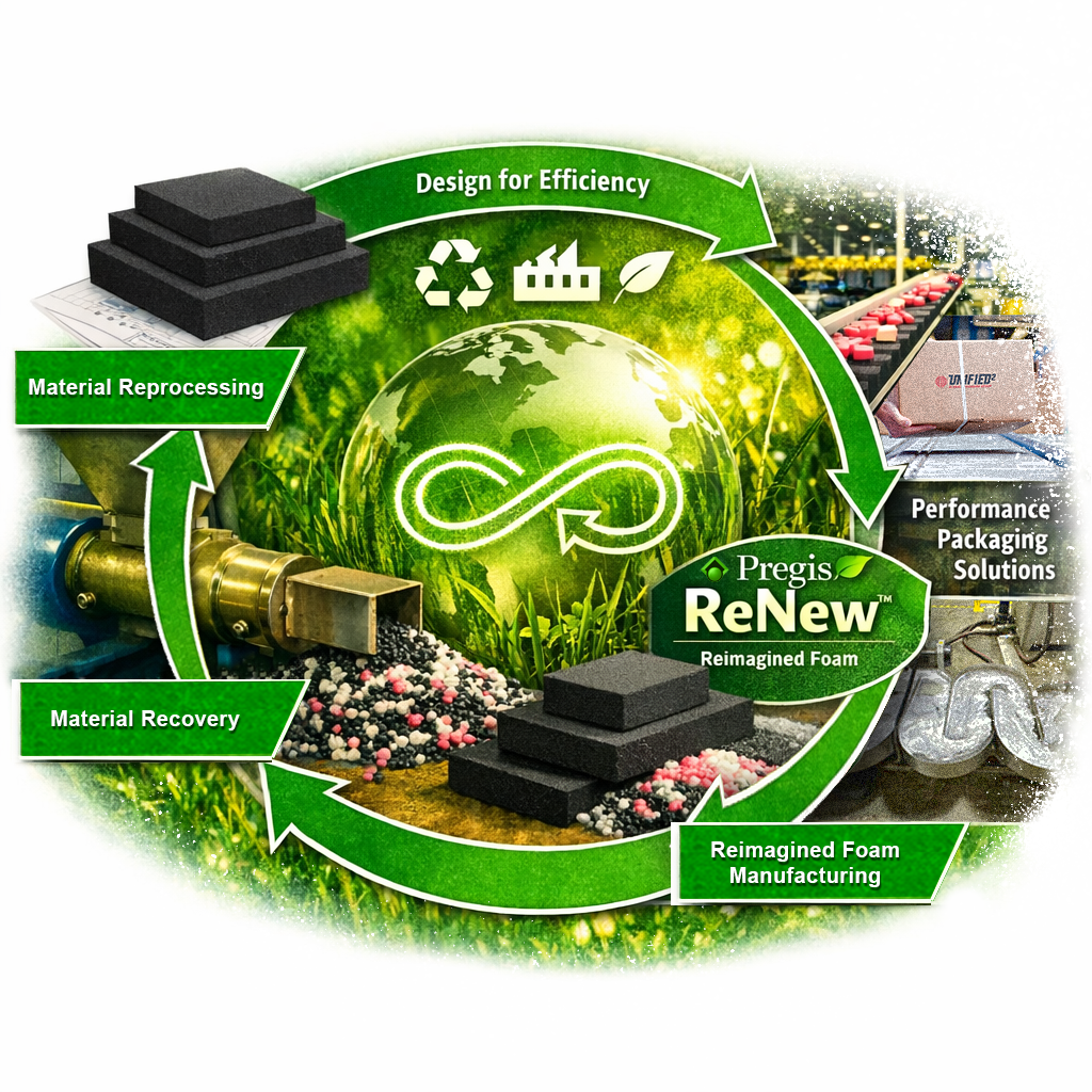Circular manufacturing process showing material recovery, reprocessing, and Pregis ReNew recycled foam packaging production