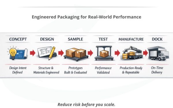 Concept to dock packaging engineering process showing design, sampling, testing, manufacturing, and delivery